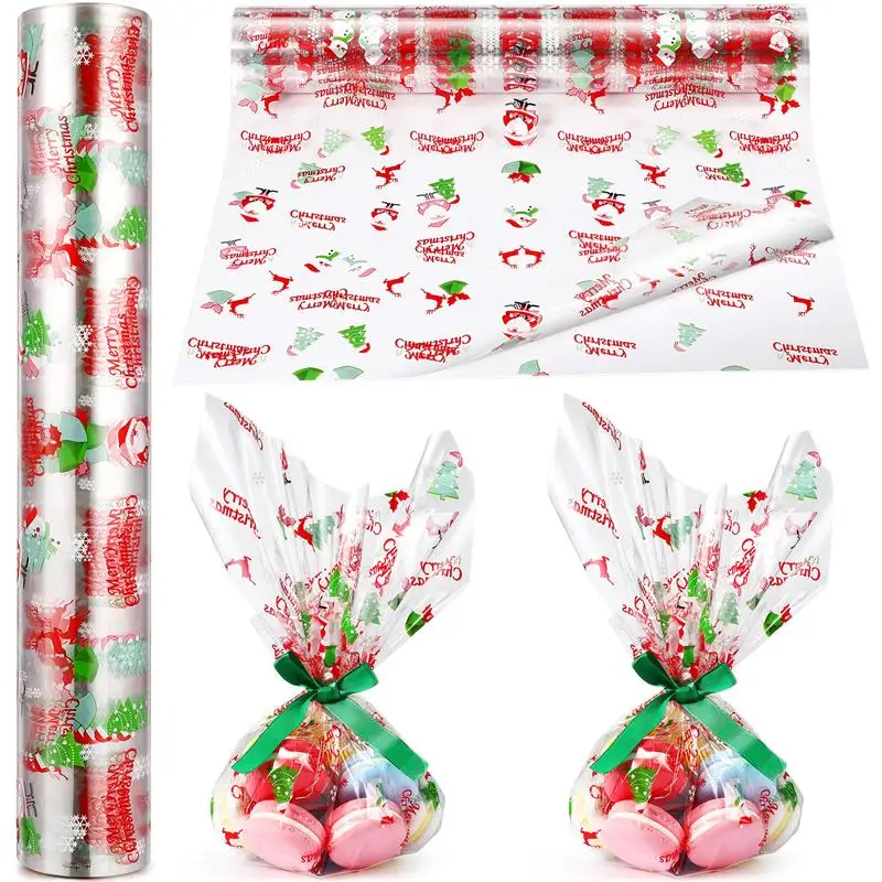 STOBOK Transparent Cellophane Paper Xmas Santa Claus Pattern Packaging Cellophane Gift Box Flower Packagings (3000x80cm)