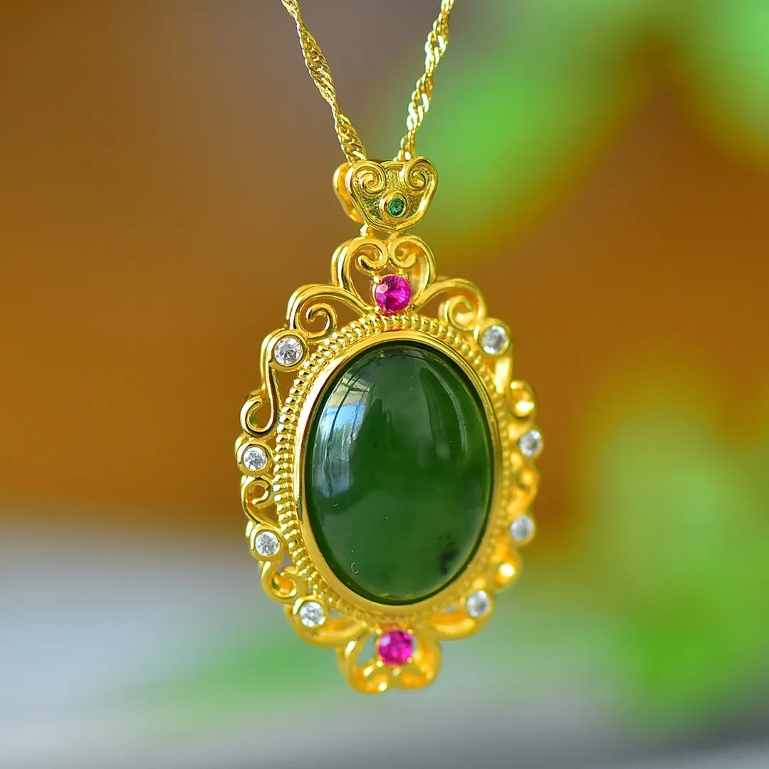 

Natural Green Jade Necklace Women Fine Jewelry Genuine Hetian Jades Nephrite Zircon Ruby Emerald Oval Pendant Necklaces