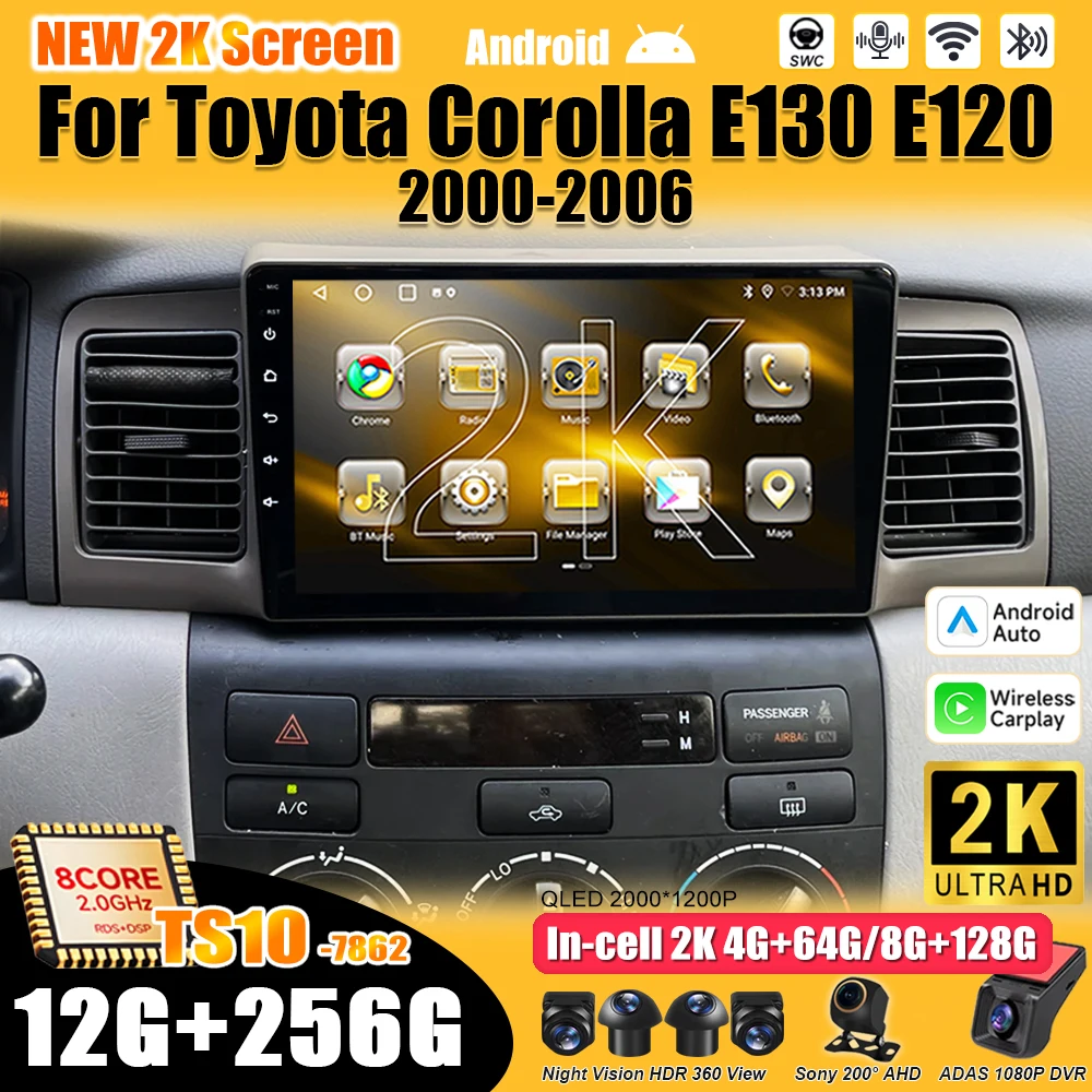 Reproductor Multimedia de Video Android 16 para Toyota Corolla E130 E120 2000-2006, Pantalla Táctil Carplay, RDS, 8 Núcleos, 5G, Bluetooth, 2din, DSP