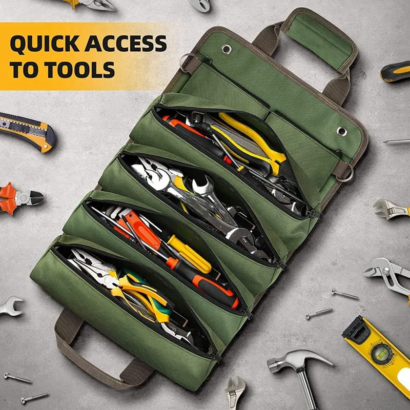 Tool Bag Roll Up Portable Tool Storage With 2 Removable Zipper Pockets