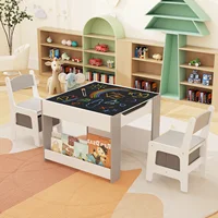 4-in-1 Kids Table & Chair Set Toddler Wooden Activity Table w/ Side Bookshelves 3