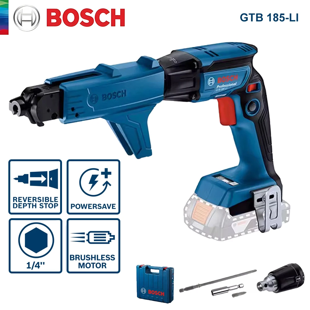 Bosch GTB 185-Li Electric Screwdriver Cordless Drywall Staple Gun with GMA55 Brushless Depth Setting Screw Driver 18V Power Tool 3pcs1 4” positioning screwdriver bit head 25 50mm woodworking drywall screw hex shank for gypsum board screw tool parts