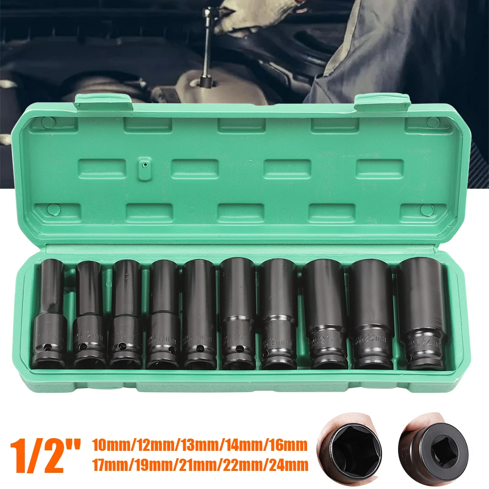 10-teiliges Schlagschrauber-Set, 1/2 Zoll metrischer Schraubenschlüsselantrieb, tiefe Steckdosen, 10–24 mm, pneumatischer Schraubenschlüsselkopf, Werkzeuge zum Entfernen von Reifen