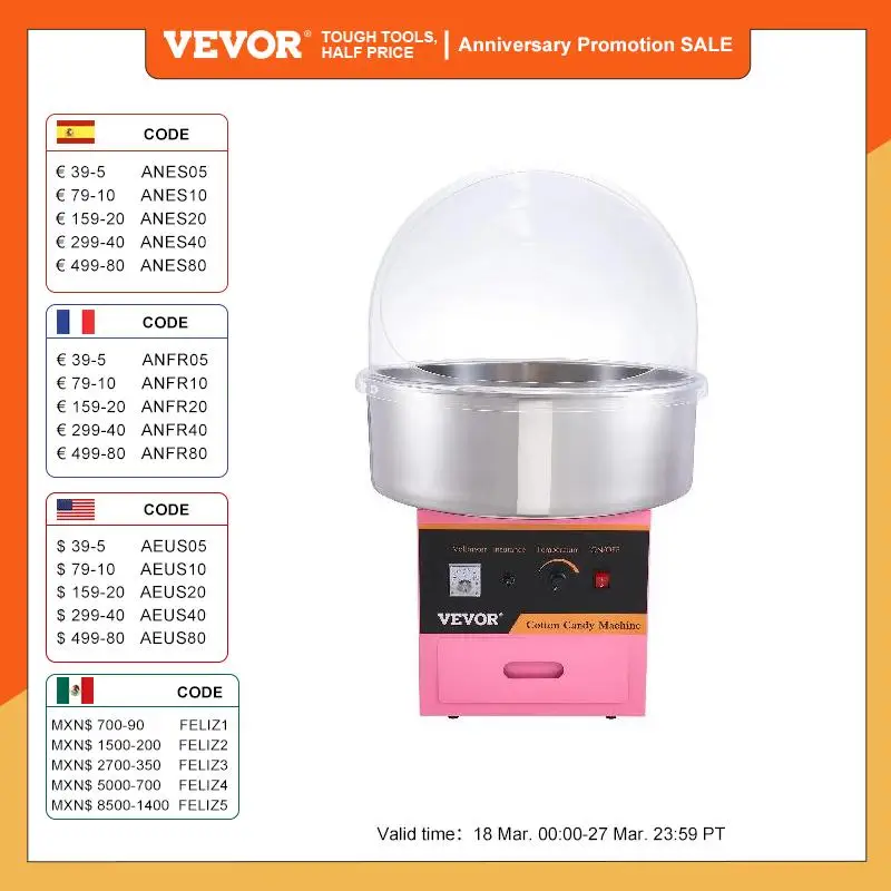 VEVOR Electric Cotton Candy Machine with Stainless Steel Bowl