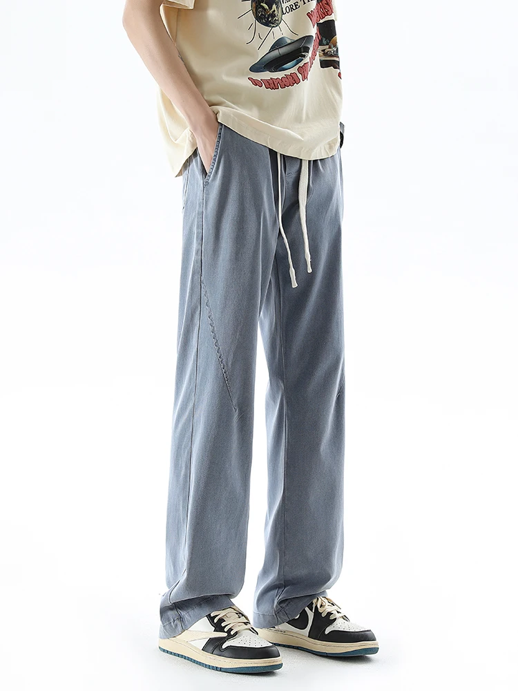 2024New Ice Silk Jeans Men's Summer Thin Fashion Brand Straight Loose Men's Wide Leg Summer Casual Long Pants