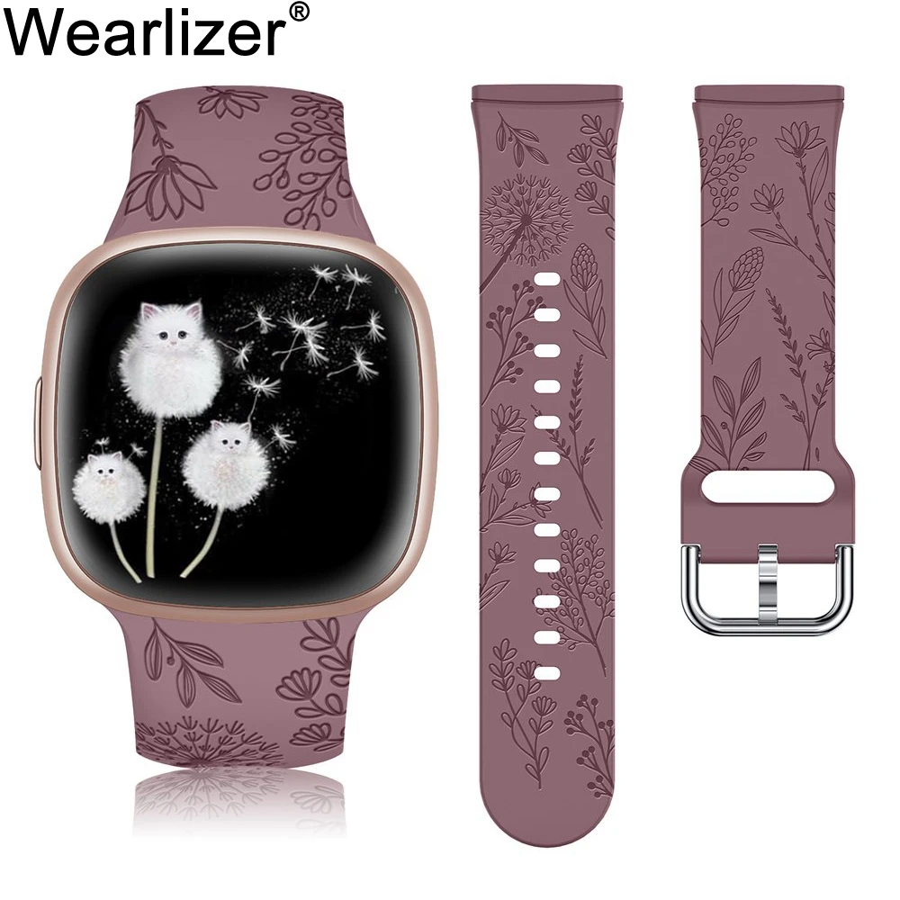 

Wearlizer Dandelion Floral Engraved Band for Fitbit Versa 4/Sense 2/Versa 3/Sense Women Soft Silicone Sport Strap for Sense 2