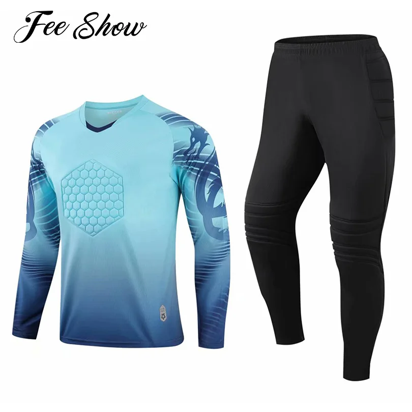 

Kids Boys Protective Sponge Padded Goalkeeper Uniforms Soccer Training Suit Distinctive Print Long Sleeve V Neck T-shirt+Pants