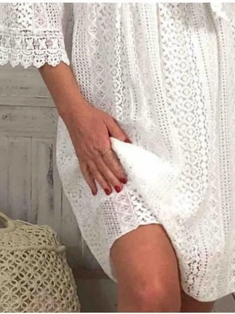 White Lace V Neck Summer Dress for Women