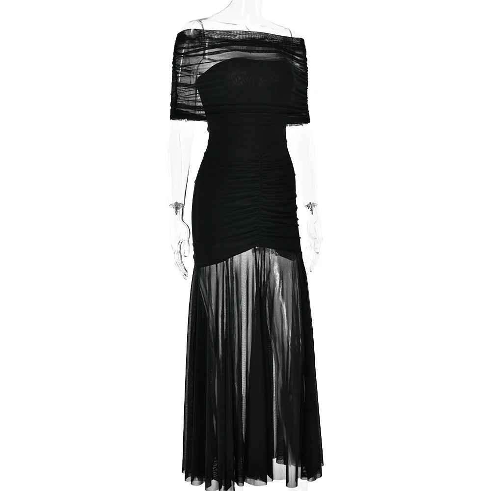 Elegant Sleeveless Mesh Patchwork Double Layer Long Dress Women Bodycon Evening Dress Sexy Perspective Tight Vestido