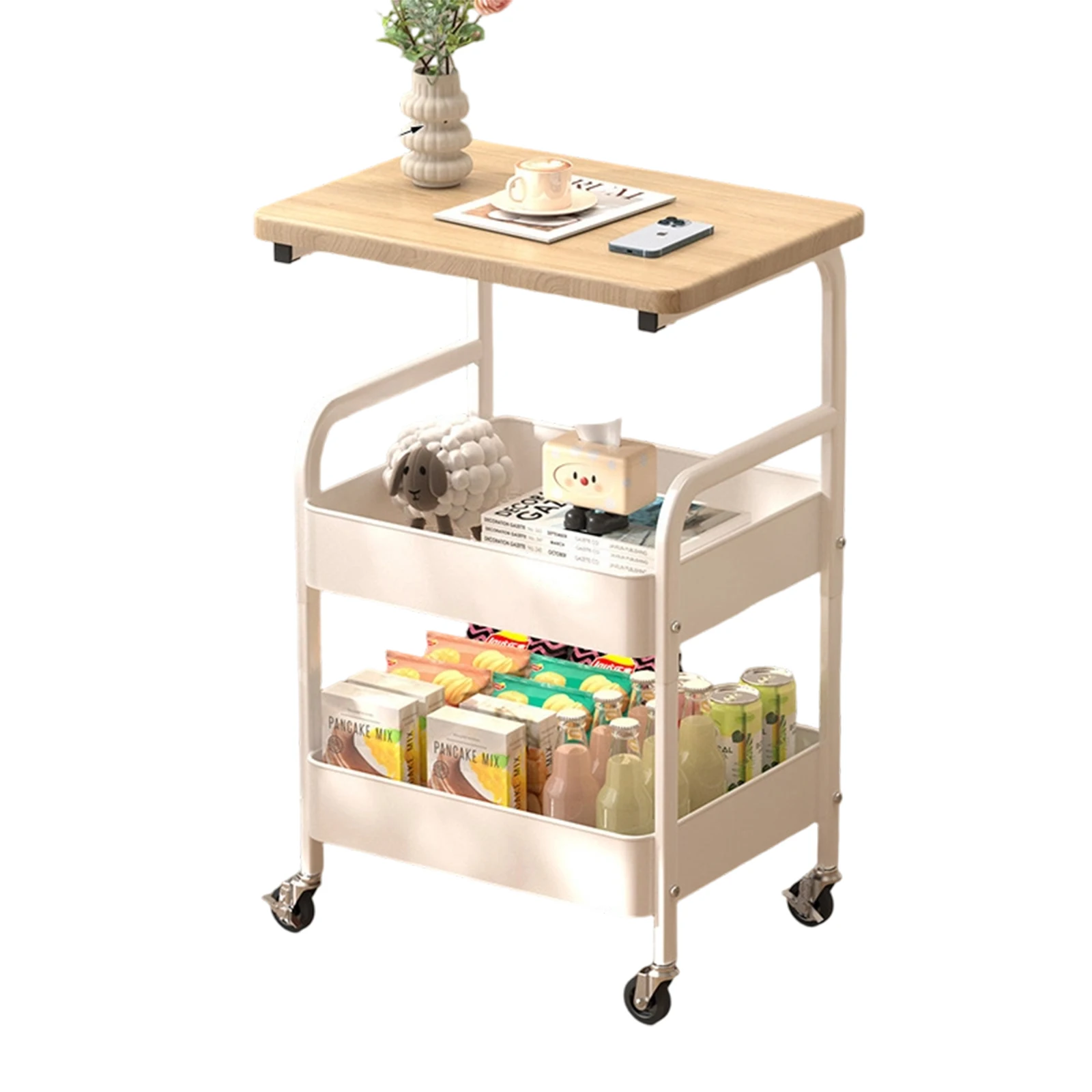 3-stufiger Aufbewahrungswagen, rollender Mehrzweckwagen mit Tischplatte, platzsparender mobiler Regal-Organizer für Wohnzimmer, Büro, Küche – Detail 9