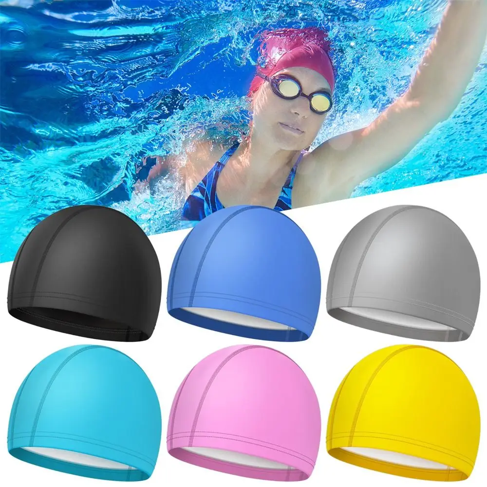 

Free size Waterproof Adults High Elastic Protect Ears Swimming Caps Swim Pool Hat PU Fabric