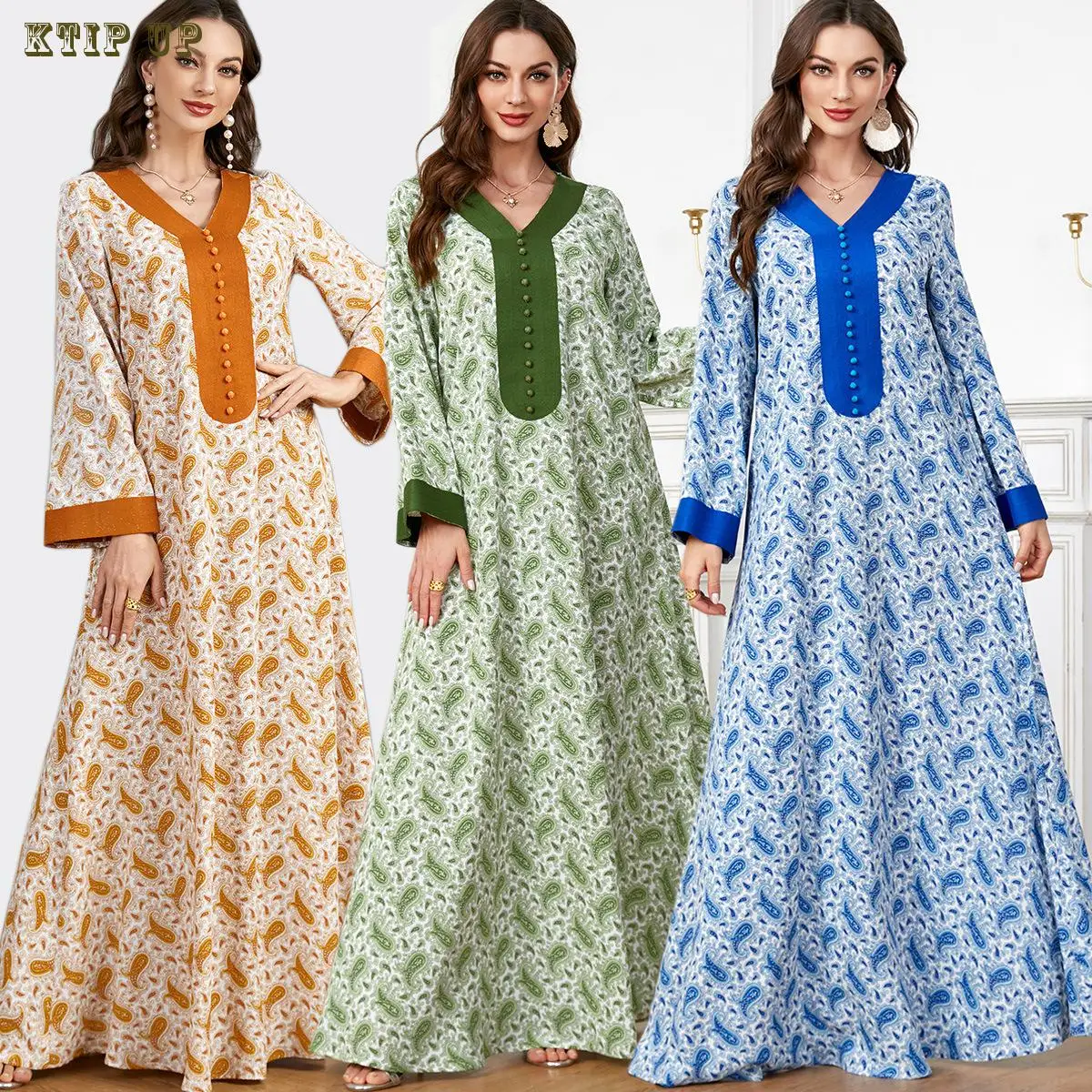 

Middle East Morocco Saudi Arabia Muslim Fashion Summer New V-neck Stud Stitching Abaya Tri Color Casual Dubai Islamic Dress