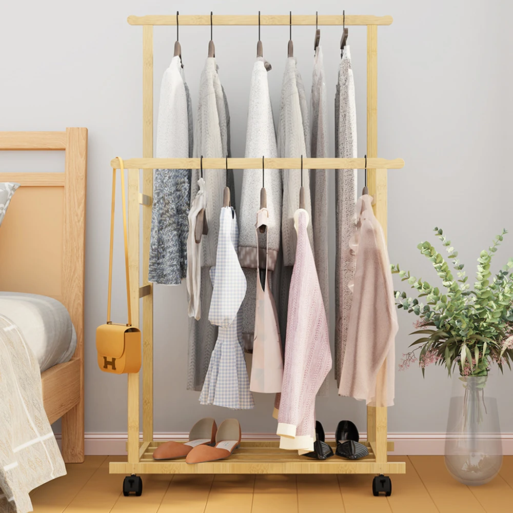Double Layer Garment Hanging Display Stand Rack, Clothes Rail with Rolling Wheel, Heavy Duty, Wardrobe 2