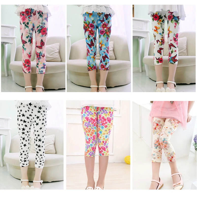 3-10years Mädchen Cropped Hosen Floral Print Blume Kinder Kalb Länge Dünne Hosen Stretch Leggings Kinder Alle-spiele Böden