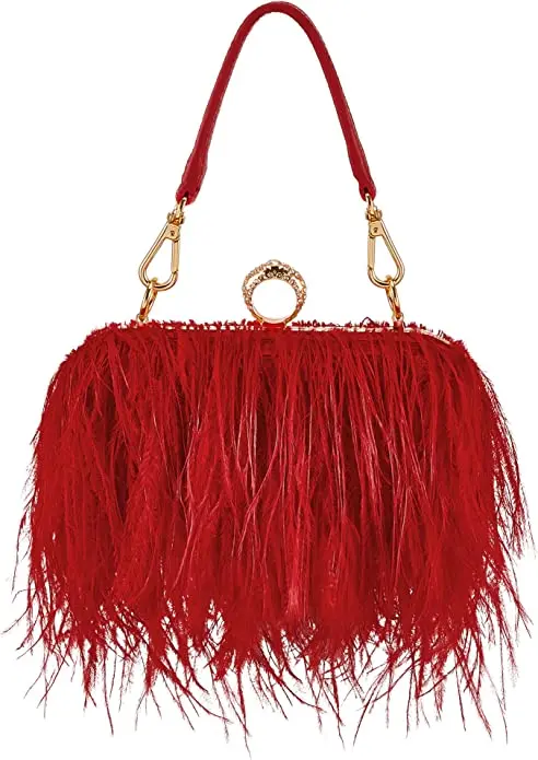 Luxury Ostrich Feather Party Evening Clutch Bag Women Wedding Purses and Handbags Small Shoulder Chain Bag Designer Bag 16 Color 