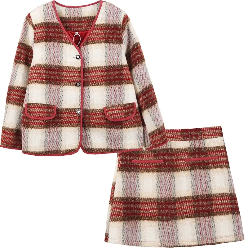 2023 Winter New Loose Ladies 200 Pounds Fat mm Korean Style Daughter Temperament Plaid Woolen Female Suit Commuter Splicing V888