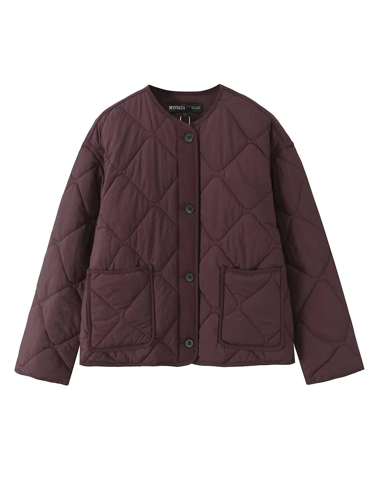 Autumn New Women's Round Collar Quilted Cotton Coats Simple Versatile Long Sleeve Single Breasted Jacket Thin Cotton Coat