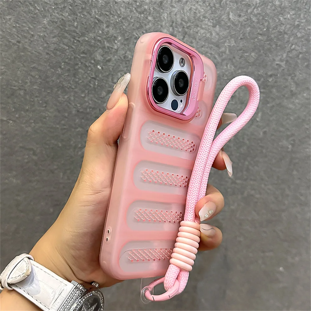 Enhanced Wrist Strap Lanyard Phone Case with Heat Dissipation and Folding Stand - Shockproof Matte Back Cover with Lens Protection