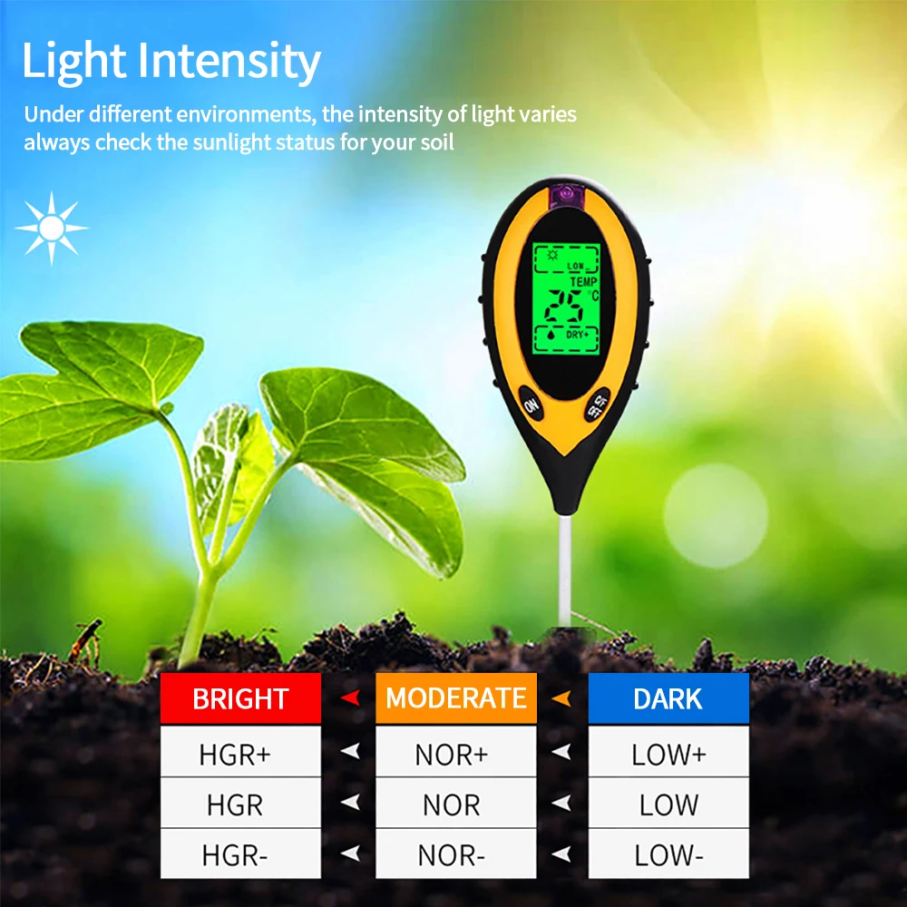 Soil PH Meter Tester Soil Tester Meter Moisture Monitor Temperature Sunlight for Gardening Plants Farming With Blacklight