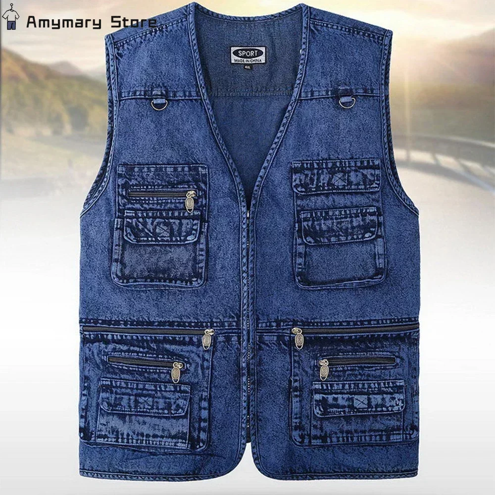 New Men's Denim Vest Jacket Dark Blue Black Sleeveless Truck Driver Cyclist Denim Jacket Multi-pocket Zipper Sleeveless Vest