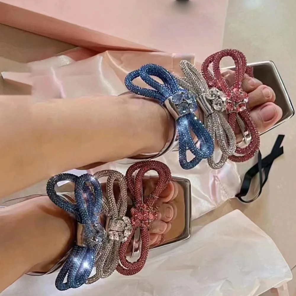 

Brand Sequined Crystal Bowknot Women Sandals Comfortable Triangle Heeled Summer Mules Slides Shoes High heels Female Sandalias