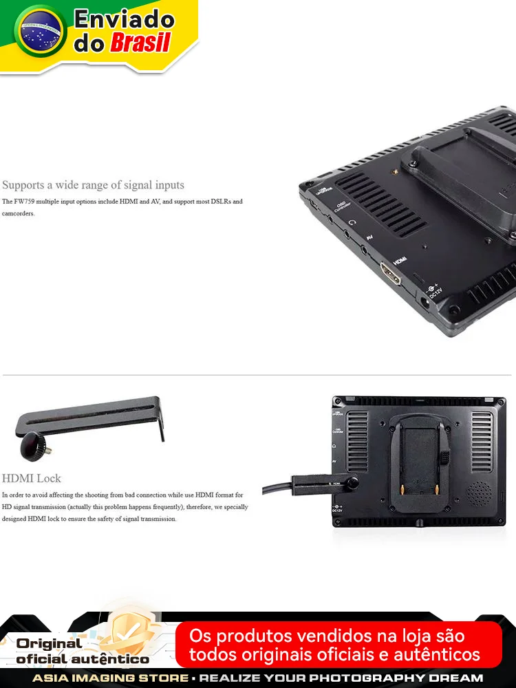 【 Do Brasil 】FEELWORLD FW759 7 Inch DSLR Camera Field Monitor IPS 1280x800 LCD with HDMI AV Input Video Portable for Camera