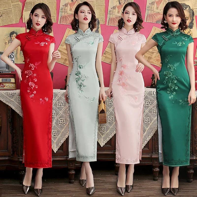 

Silk Embroidered Long Cheongsam 2023 New Lace Edge Improved Qipao Chinese Style Evening Dresses Woman Ceremony Dress