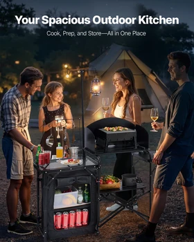 VEVOR Camping Kitchen Table Folding Camp Cook Station Aluminum Portable Cook Station with Cupboard, Carrying Bag Windscreen 2