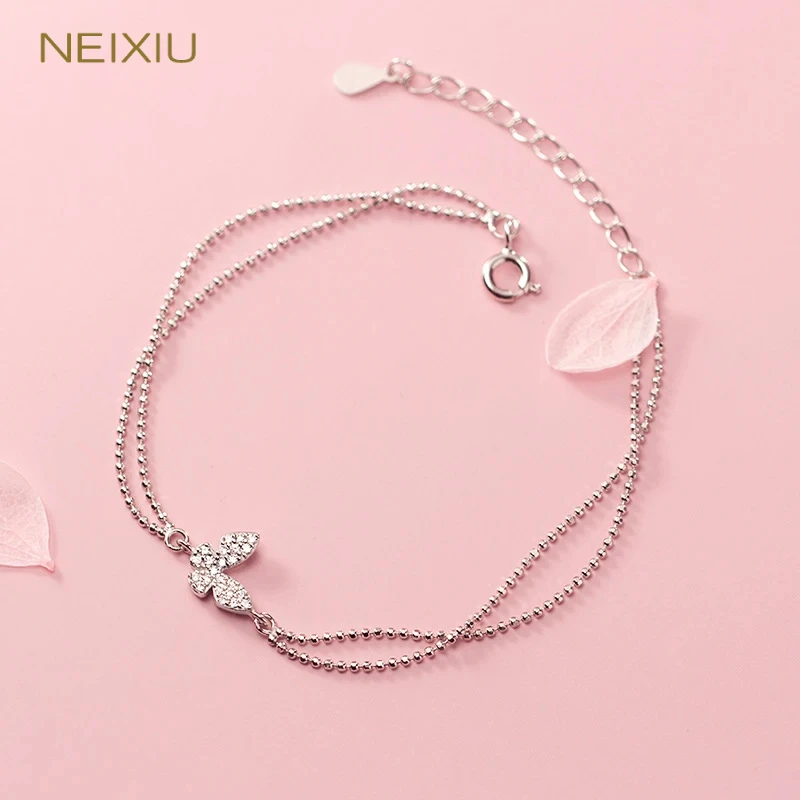 

Neixiu 925 Sterling Silver Double Layer Butterfly Shiny Zircon Round Beads Bracelet Ladies Exquisite Gift Jewelry Wholesale