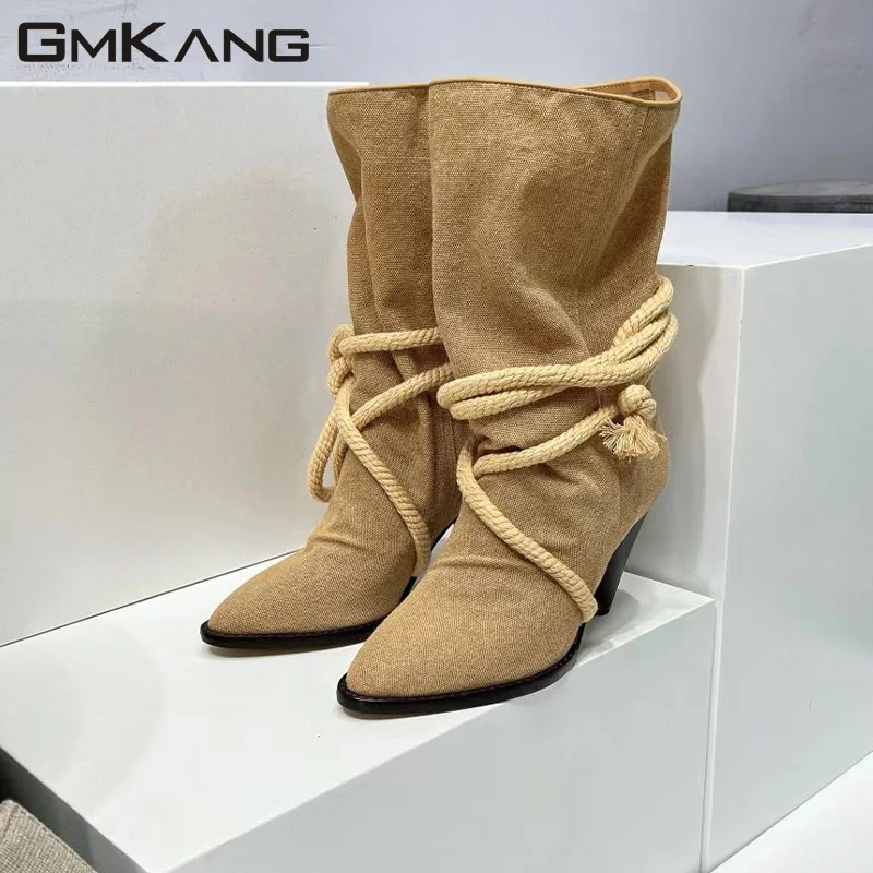 New High Heel Knee Length Short Boots Women's Cross Lacing Pointed Short Boots Women's High Quality Velvet Modern Long Boots Wom