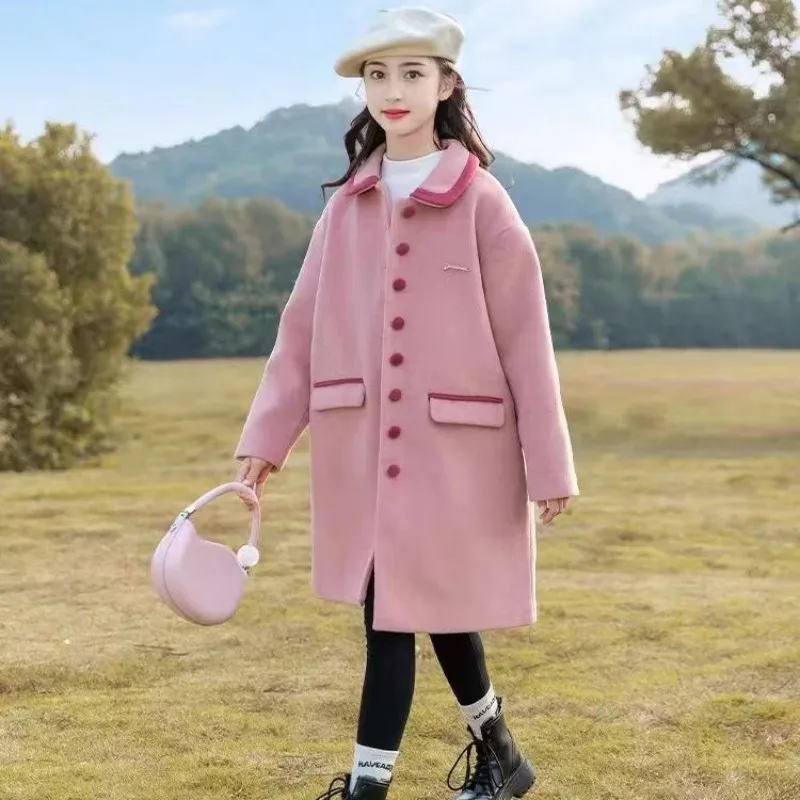 

Girls Woolen Coat Overcoat Jacket Windbreak 2023 Pink Warm Plus Thicken Winter Cotton Teenagers Gift Children's Clothing