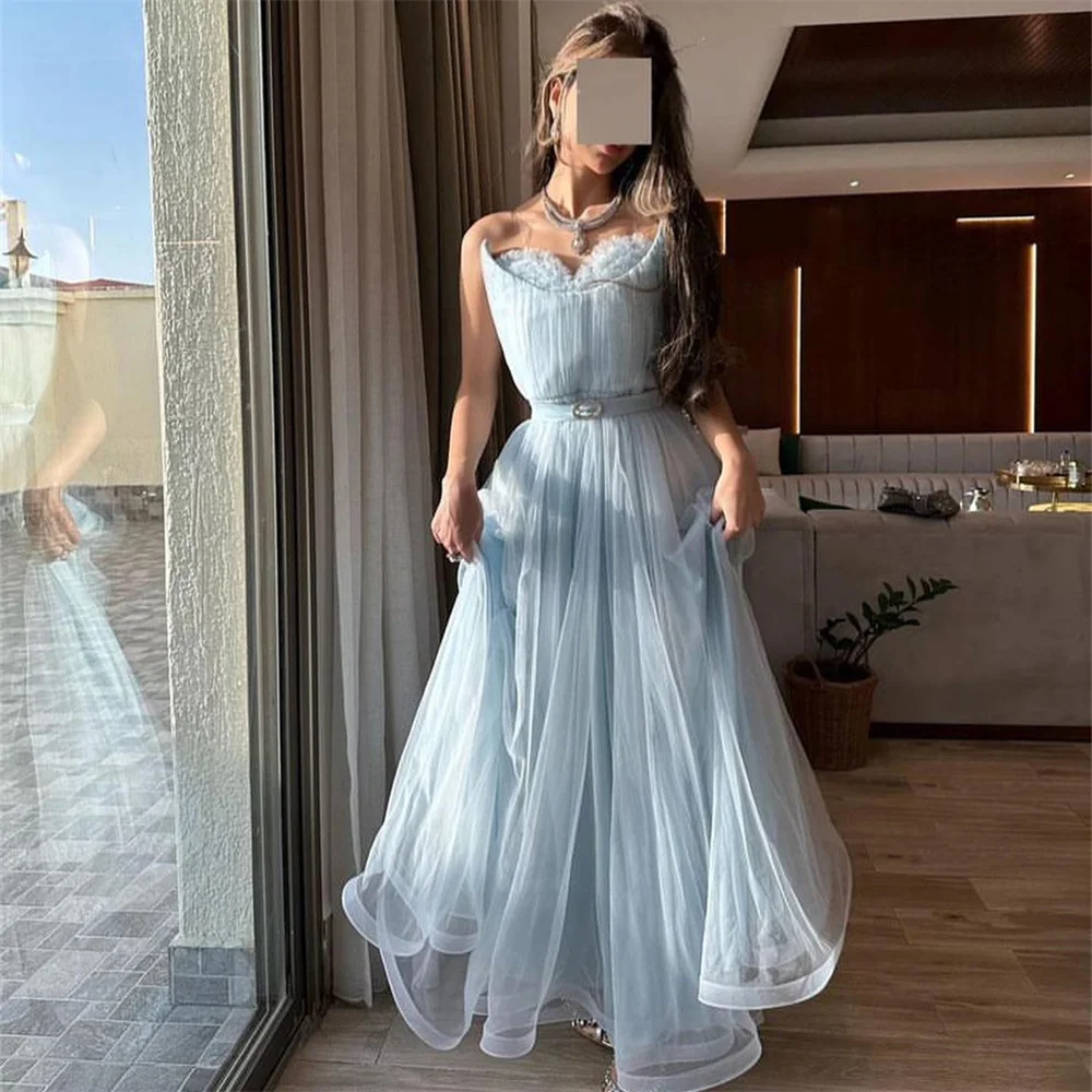 

MINGLAN Fashion Sweetheart Sleeveless Pleat Blet A Line Long Evening Dress Floor Length Sweep Train Prom Gown For Woman New 2023