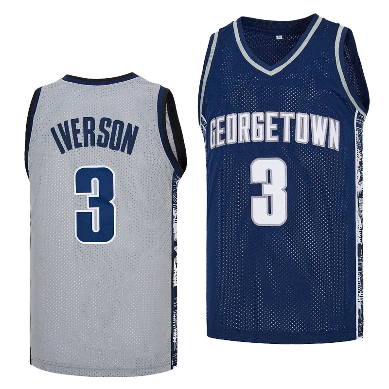 Basketball jerseys high school GEORGETOWN 3 Iverson jersey Sewing embroidery Outdoor sportswear Grey Blue