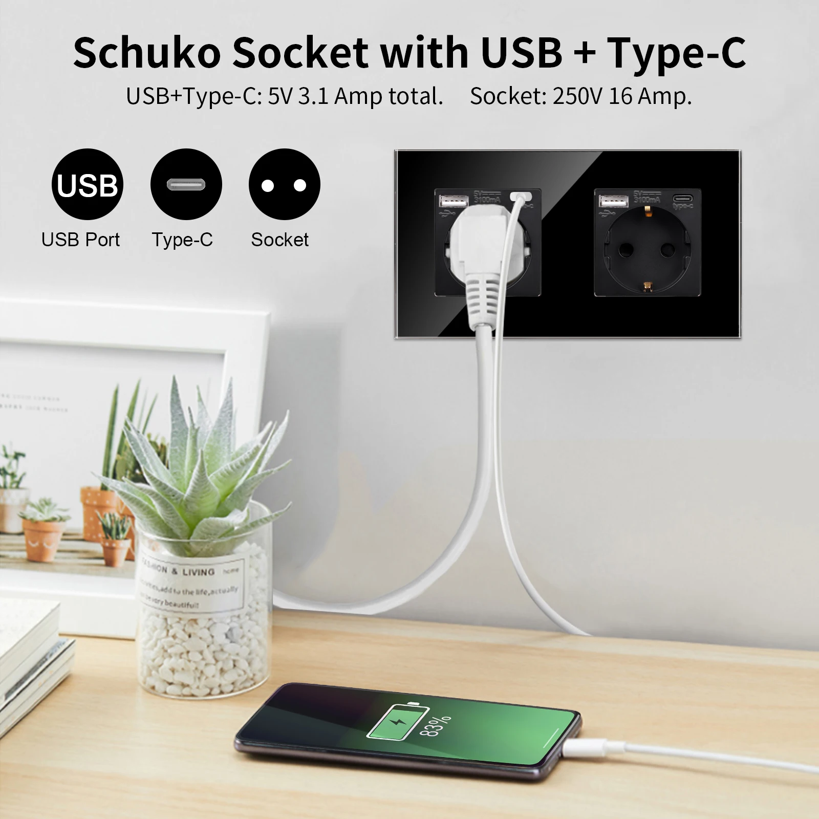 Description Picture 6 of itemBingoelec EU Standard Dual Socket,Touch Light Switch with USB Type-C 20W Fast Charging 220V Glass Electrical Outlet Thermostat