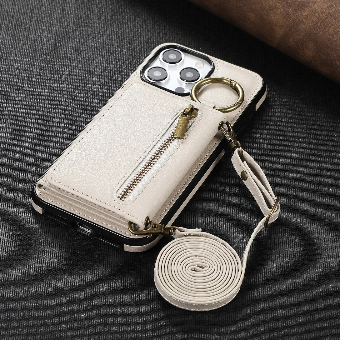 thumbnail image 1 of Funda de cuero con correa para el hombro para iPhone, funda de lujo con cremallera para tarjetas, 11, 12, 13, 14, 15, 16 Pro Max Plus, funda con cordón para teléfono, 1 of 5