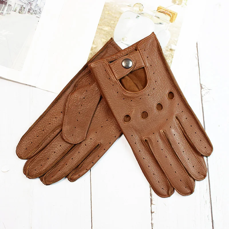 Summer Driving Deerskin Full Finger Leather Gloves for Men's Thin