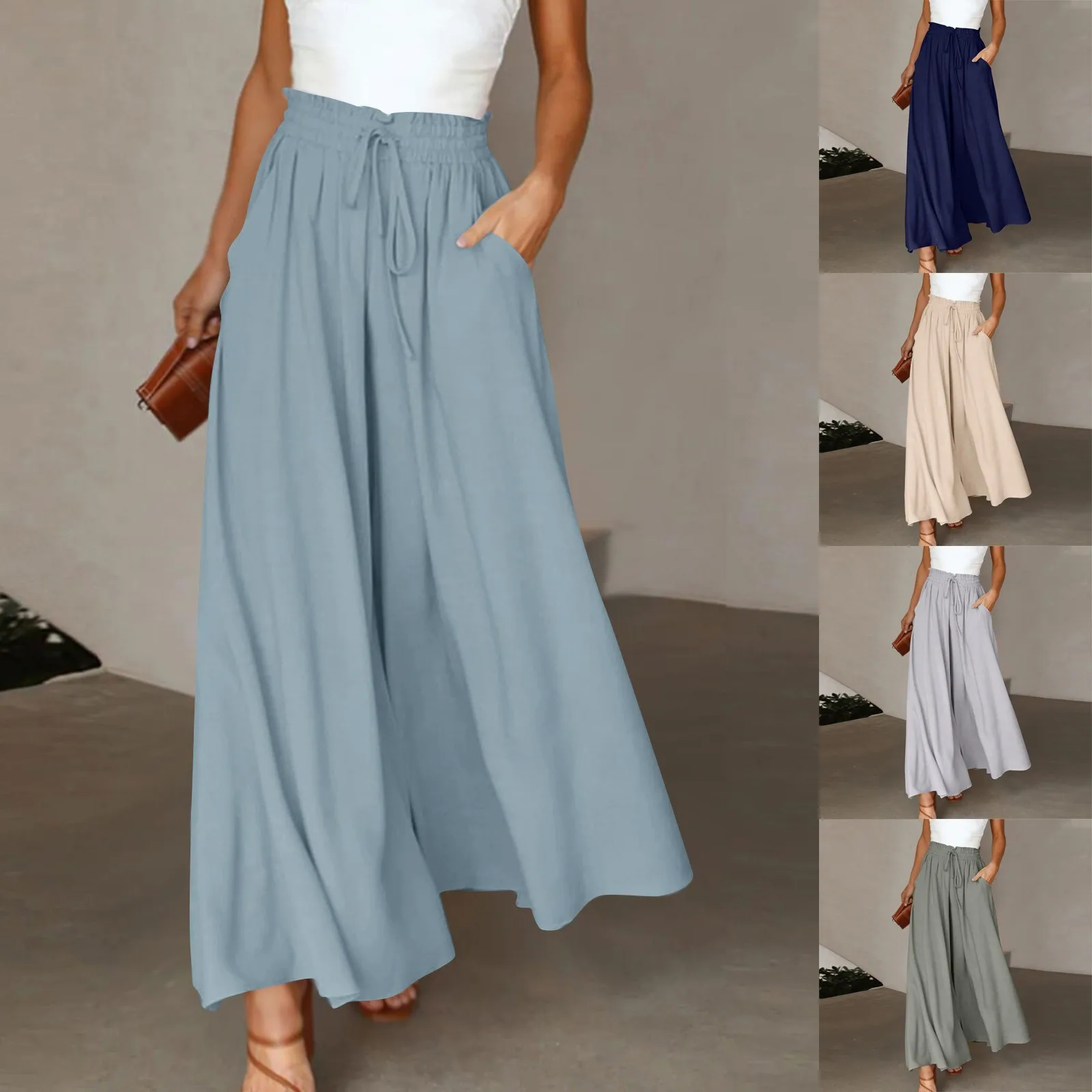 

Women's Solid Color Trousers Elastic Belt Wide Leg High Waist Long Culottes pantalones de mujer женские брюки 숙녀 바지 플러스 사이즈 바지