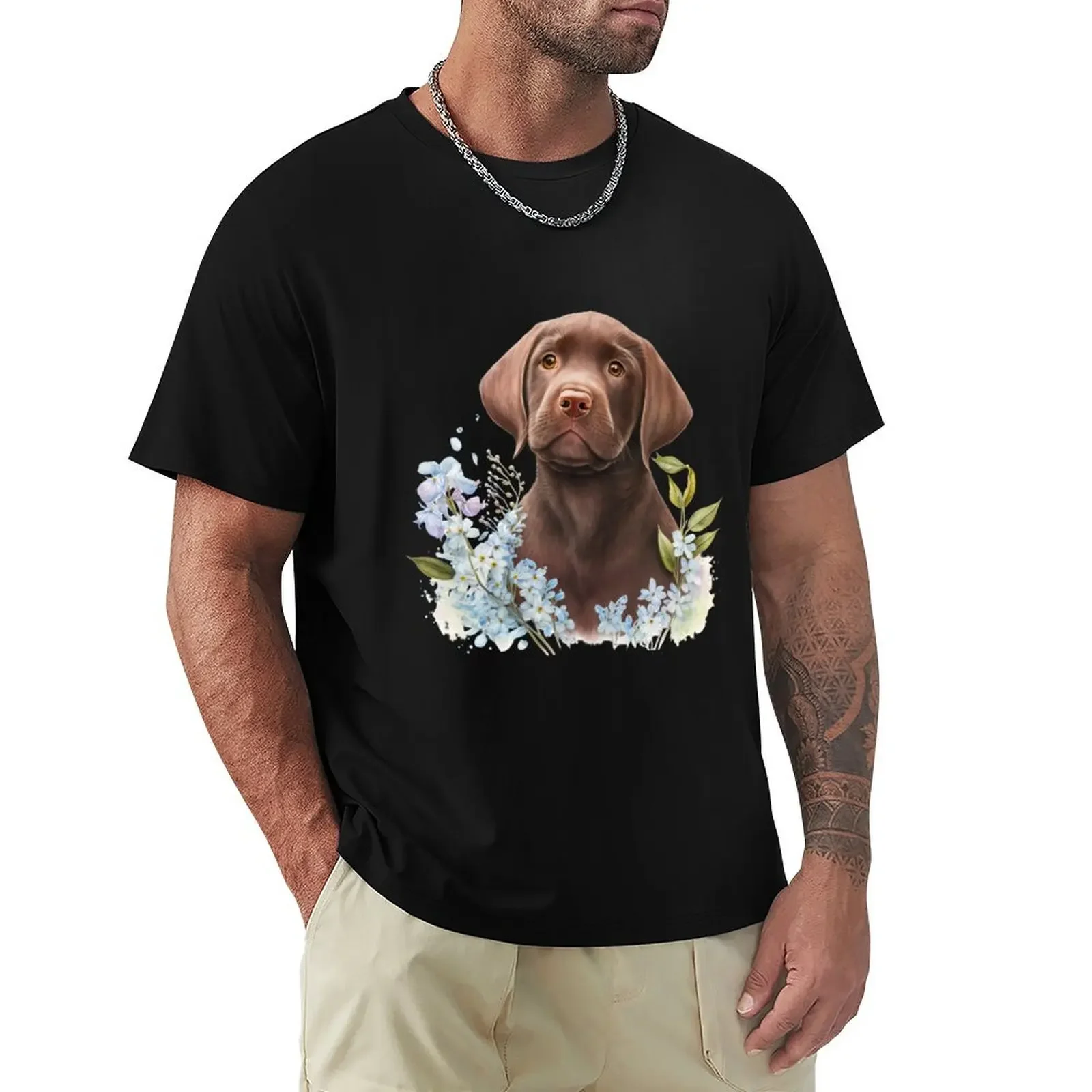 

Chocolate Labrador Puppy with Blue Flowers Cute Chocolate Lab Puppy T-shirt new edition customs mens funny t shirts