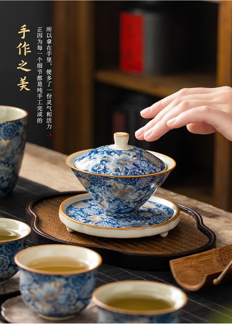 Description Picture 5 of itemCeramic Ru Kiln Gold Million Flower Hat Three Cover Bowl Teacup Home High-end Tea Bowl Large Not Hot Tea Set
