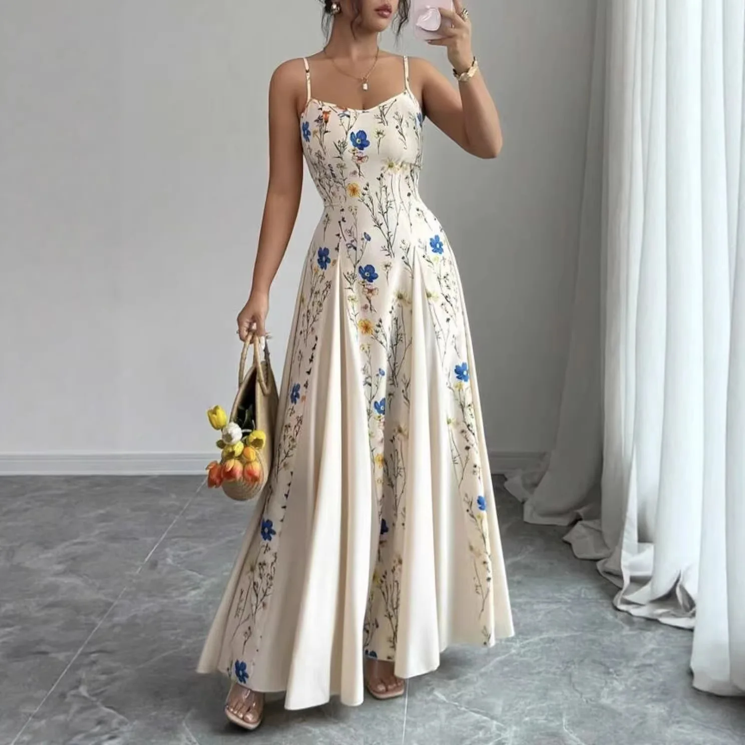 Summer Dresses Long Beach Wear Tunic 2026 Boho Elegant Camisole Floral Kaftan Women Bathing Suit Cover Ups Maior De Banho Praia 1
