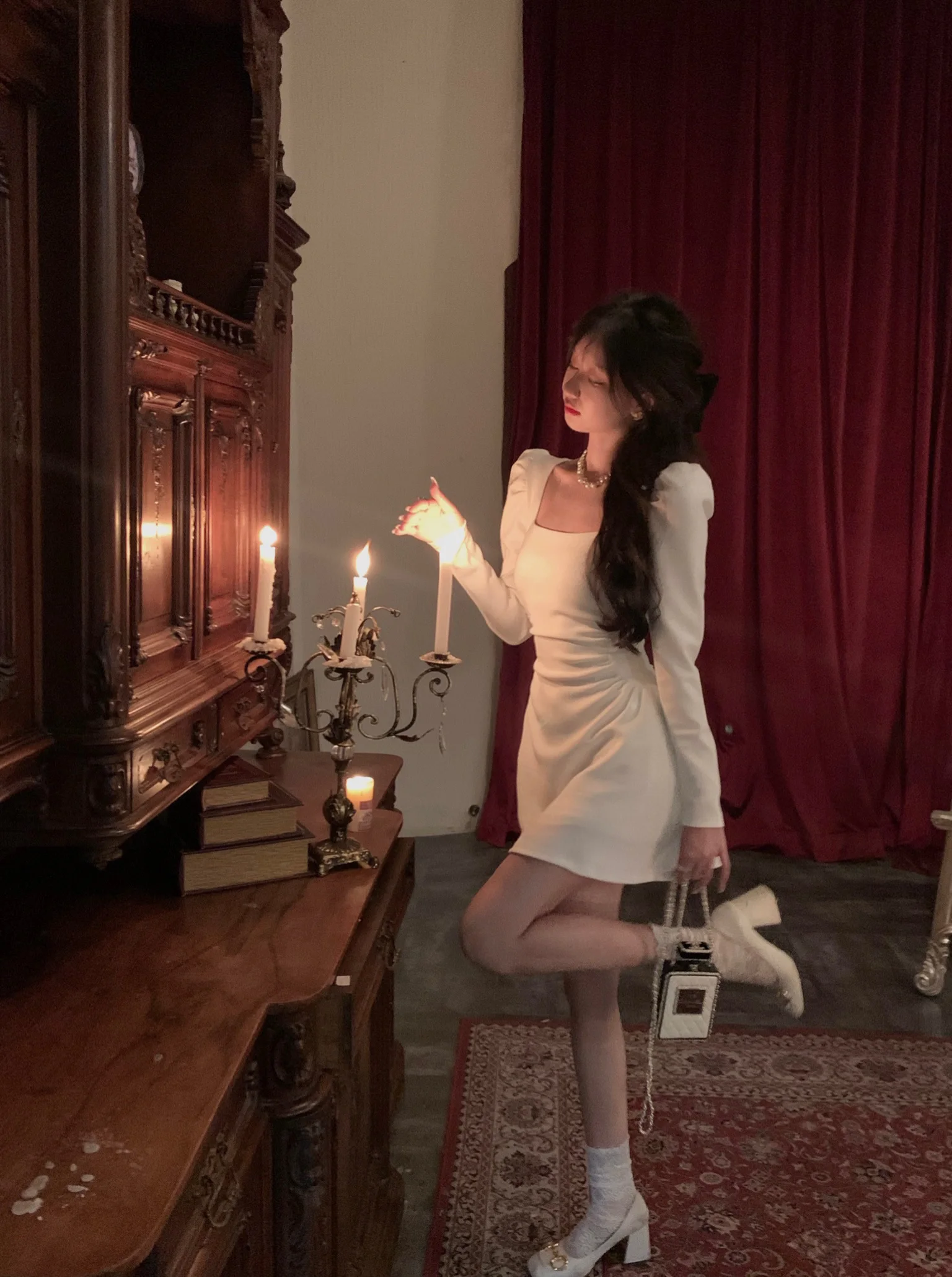 Spring New Elegant Square Collar Midi Party Dresses for Women Long Sleeve Black White Slim Vestidos Female High Waist Clothes