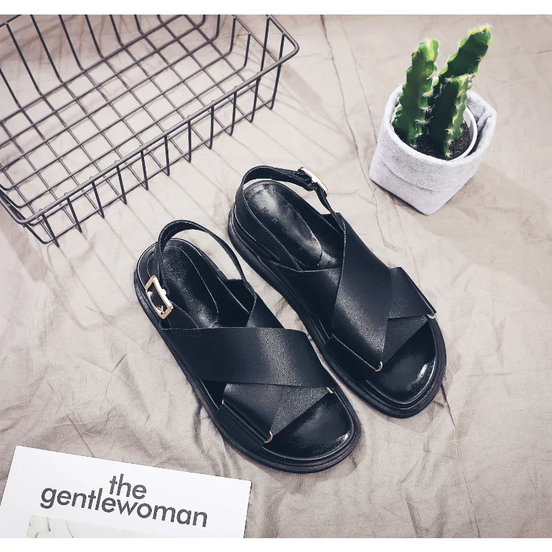 2023 New Bohemian Fish Mouth Cross Sandals Metal Buckle Flat Summer Casual Shoes Women's Elastic Beach Flat Sandals