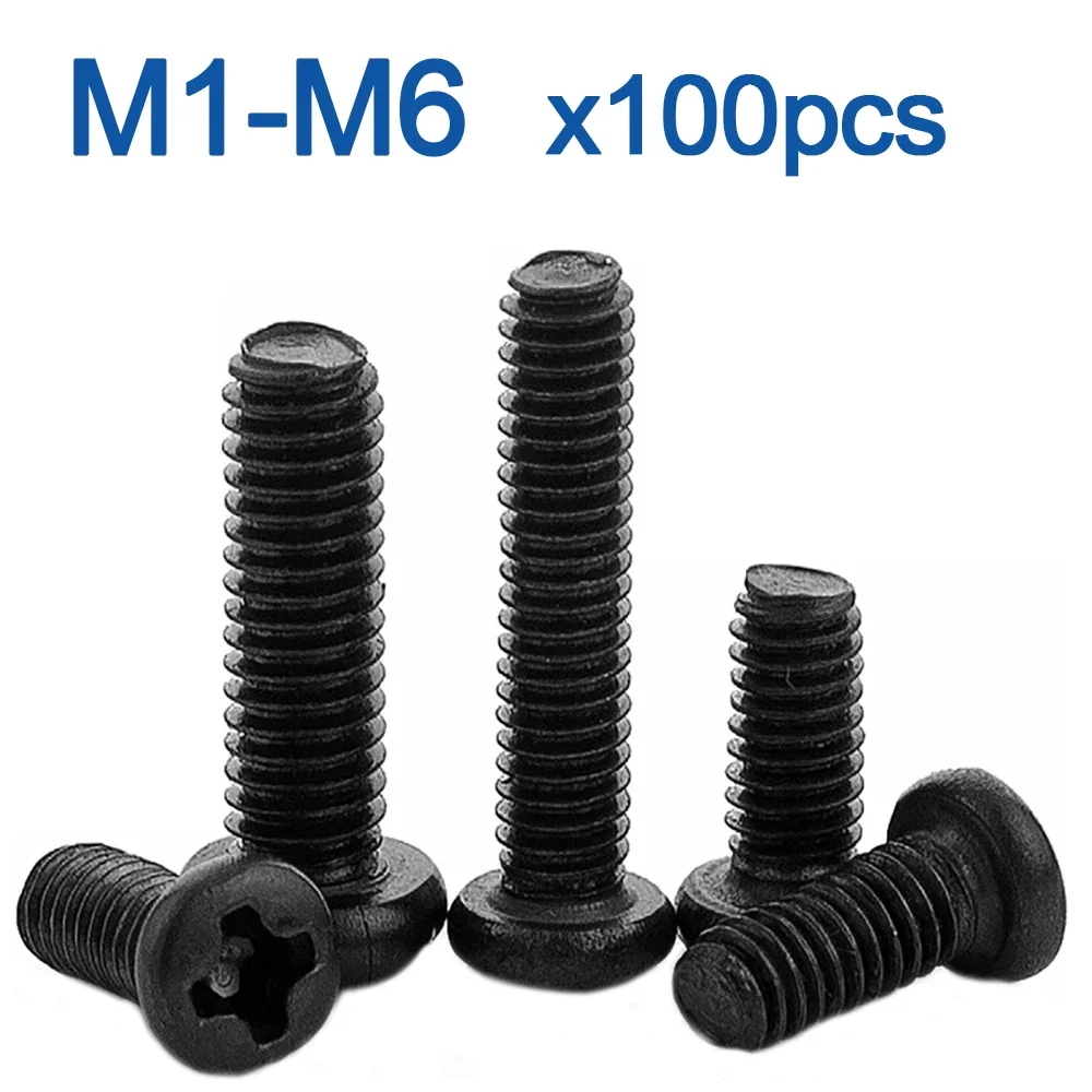 100pcs/lot Cross Recessed Pan Head Screw M1 M1.2 M1.4 M1.6  M2 M2.5 M3 M4 M6 Carbon Steel Black Phillips Machine Screw GRADE 4.8