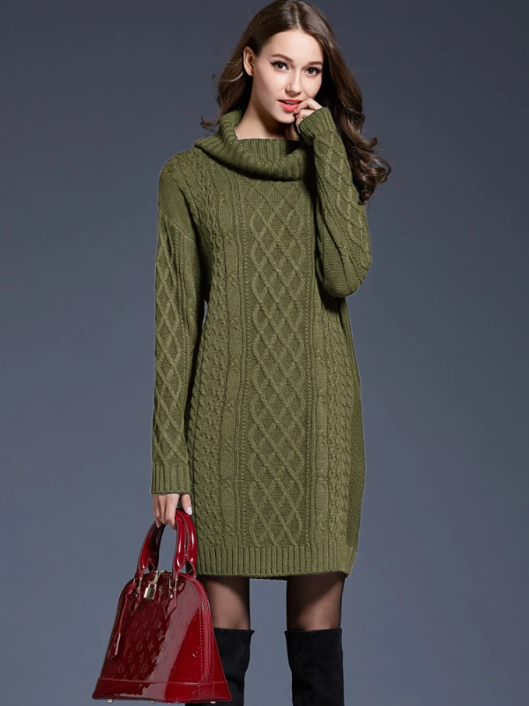 2023 New Autumn Winter European and American Oversized Women Knitwear Dress  Long High Neck Slim Solid Pullover Sweater Dresses
