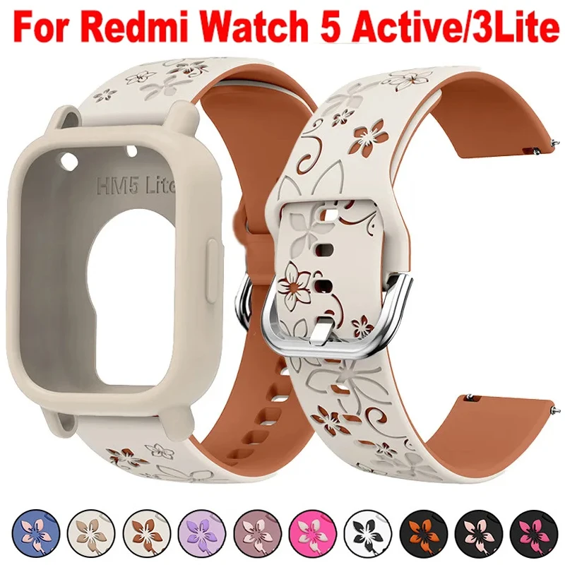 Engraved Silicone Case + Strap for Redmi Watch 5 Lite/5 Active Repacement Bracelet Smart Watchband Protective Shell Cover Correa