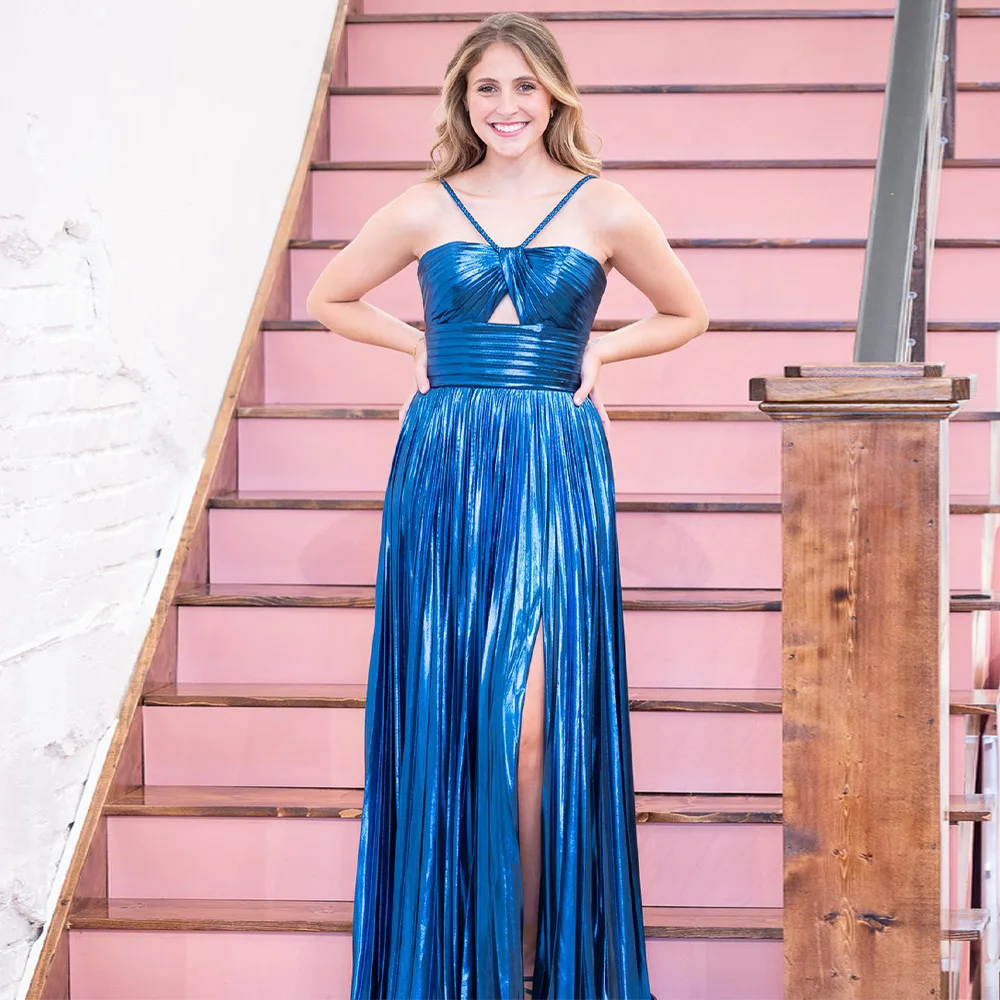 

Royal Blue Prom Dress Shiny Satin A Line Cut Out Spaghetti Straps Prom Gowns for Women Backless Pleat Formal Party Dresses Long