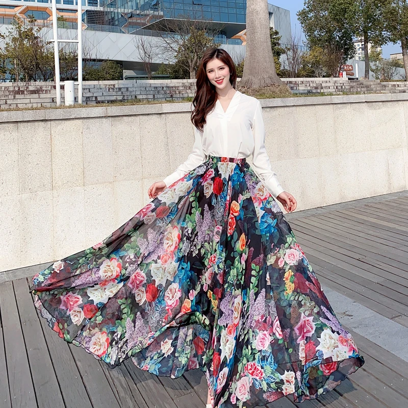 ★EXPIRED GIRL★FRILL CHECK MAXI SKIRT NAVY★韓国送料込 Designer Summer Fashion Skirts Women High Waist Flower Print