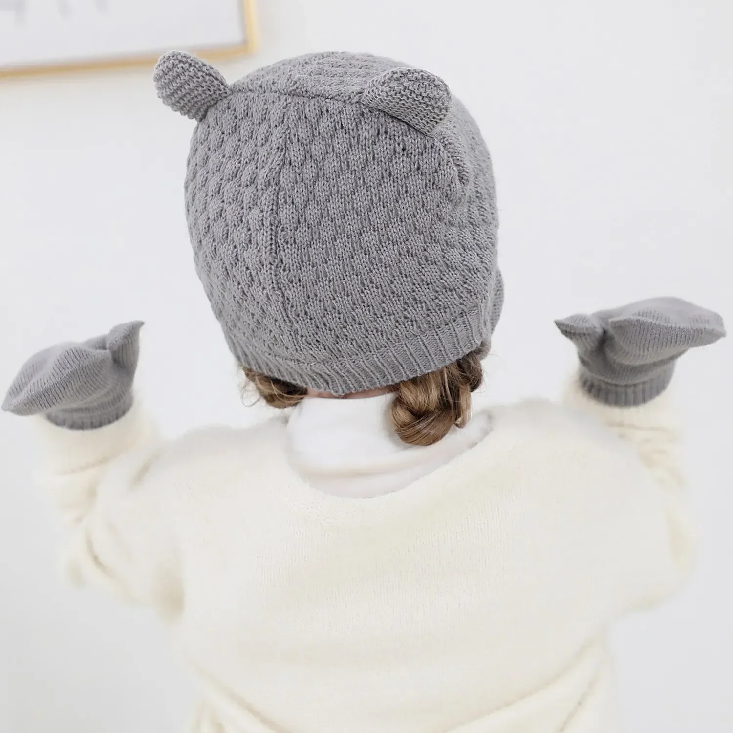 2Pcs Girls Boys Cute Outdoor War Baby Knit Gloves Hat Set Solid Color Autumn Winter Ear Protection Infant Toddler Beanie Cap For