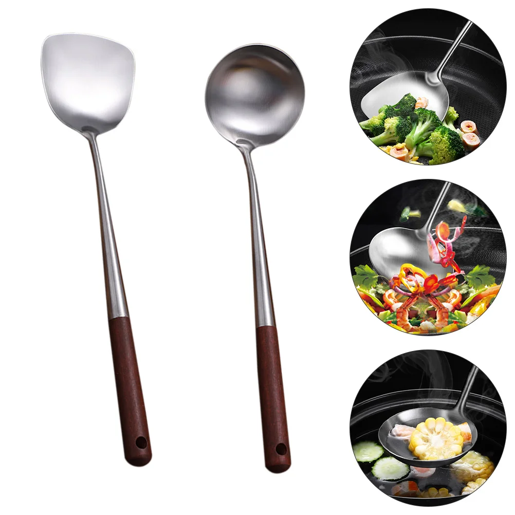 

Long Handle Cooking Spatula Kitchen Gear Utensils Set Stainless Steel Stir-fry Spoon Ladle Wood
