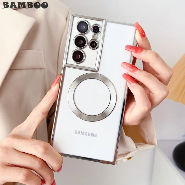 Luxury Plating Transparent TPU Anti-drop Phone Case for Samsung S22 S23 Plus Ultra Magsafe Magnetic With Lens Film Clear Cover